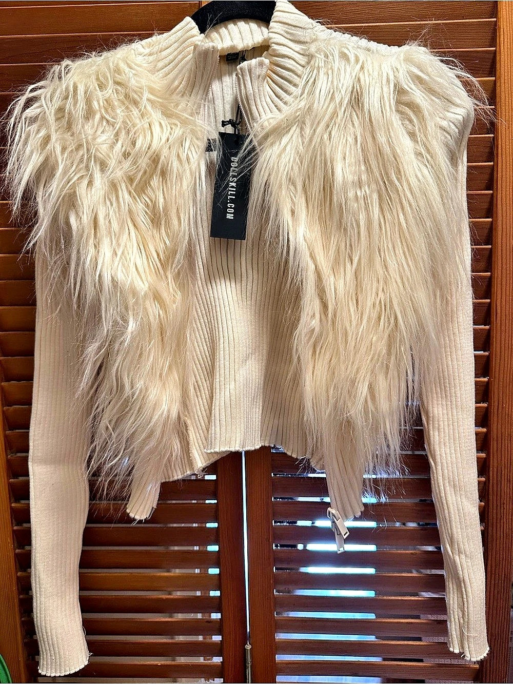 Dollskill Cream Faux Fur-Front Cardigan Like New